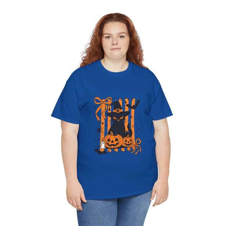 Halloween Cat Tee, Unisex Heavy Cotton Tee, Spooky Season Shirt, Fall Festivity Apparel, Pumpkin Lover Gift