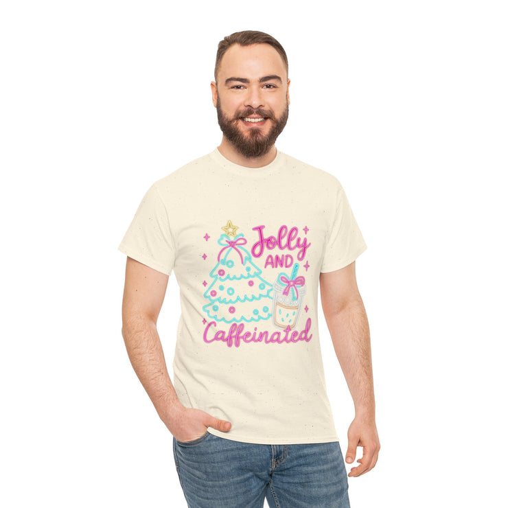 Jolly and Caffeinated Tee, Fun Holiday T-Shirt, Christmas Shirt, Unique Gift, Comfortable Cotton Tee, Festive Apparel