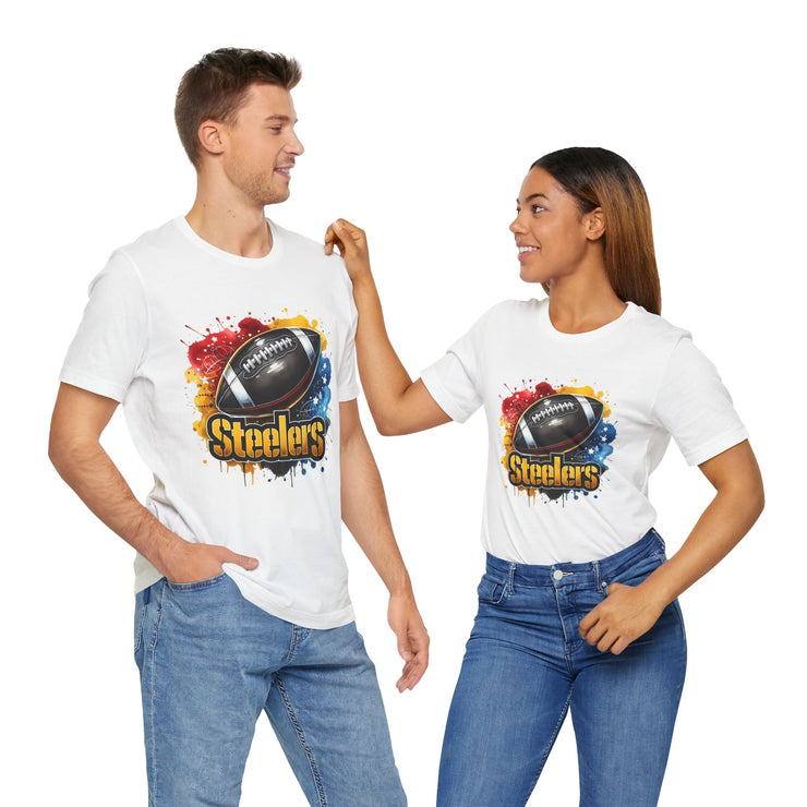 Steelers Football Splash Tee | Unisex Short Sleeve Shirt for Game Day, Sports Fan, Gift for Him, Tailgate Party, Sports Design