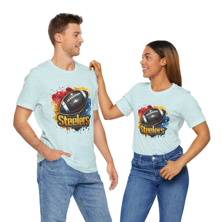 Steelers Football Splash Tee | Unisex Short Sleeve Shirt for Game Day, Sports Fan, Gift for Him, Tailgate Party, Sports Design