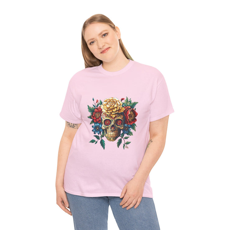 Floral Skull Tee - Unisex Heavy Cotton | Boho Style Shirt, Festival Wear, Gothic Aesthetic, Unique Gift, Casual Everyday Top