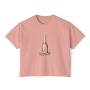 Chic Women's Boxy Tee with Champagne Bottle Design, Casual T-Shirt, Wedding Gift, Brunch Outfit, Floral Tee, Summer Style