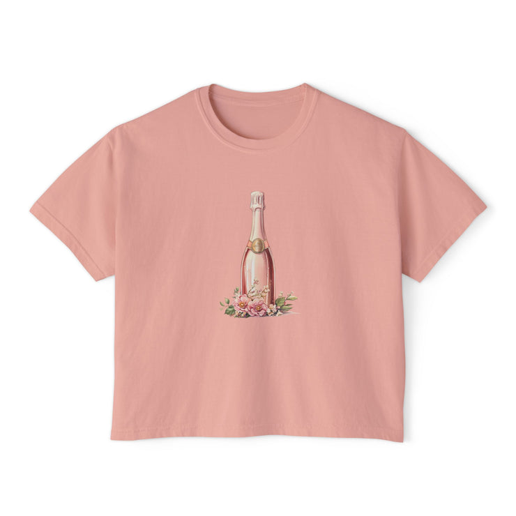 Chic Women's Boxy Tee with Champagne Bottle Design, Casual T-Shirt, Wedding Gift, Brunch Outfit, Floral Tee, Summer Style