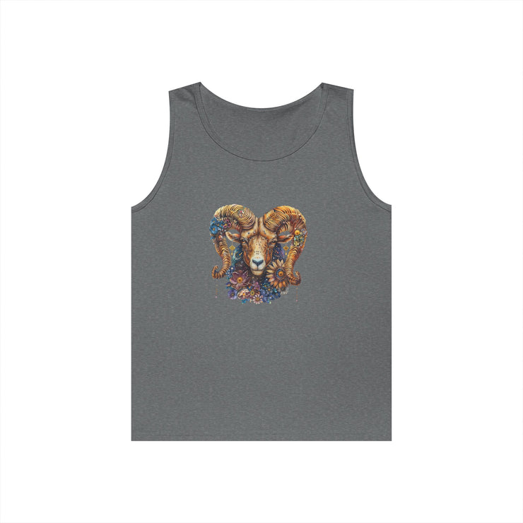 Bohemian Floral Ram Tank Top - Unisex Cotton Singlet, Artistic Apparel, Summer Wear, Festival Fashion, Nature Lover Gift