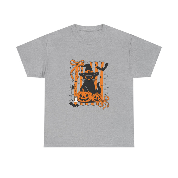 Halloween Cat Tee, Unisex Heavy Cotton Tee, Spooky Season Shirt, Fall Festivity Apparel, Pumpkin Lover Gift