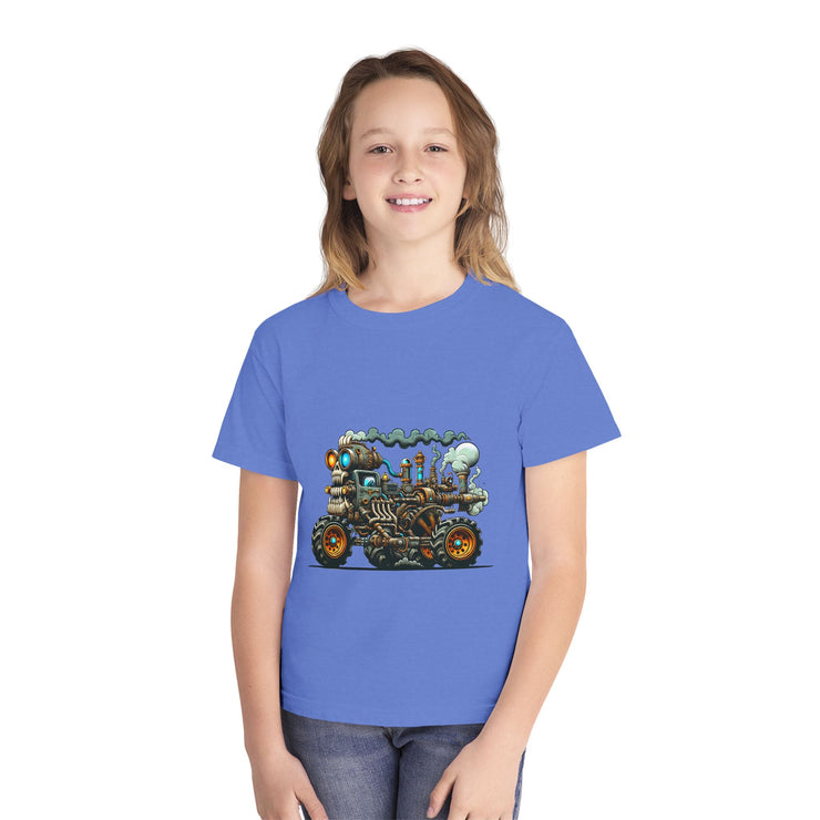 Youth Tee, Cool Graphic Shirt for Kids, Steam Engine Design, Perfect for Birthdays, Playtime, Fun Unique Gift