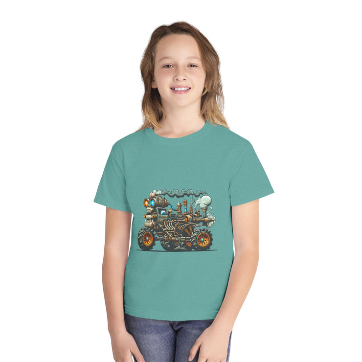 Youth Tee, Cool Graphic Shirt for Kids, Steam Engine Design, Perfect for Birthdays, Playtime, Fun Unique Gift