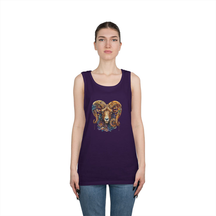 Bohemian Floral Ram Tank Top - Unisex Cotton Singlet, Artistic Apparel, Summer Wear, Festival Fashion, Nature Lover Gift