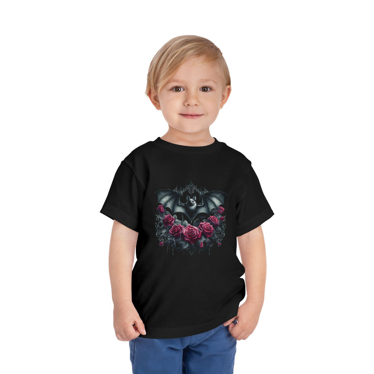Toddler Halloween Bat Tee, Cute Toddler T-Shirt, Kids Halloween Apparel, Spooky Party Outfit, Bat and Roses Design