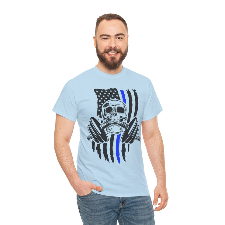 Unisex Skull American Flag Tee, Gym Shirt, Fitness Apparel, Workout Gift, Casual Wear, Patriotic Activewear