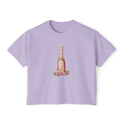 Chic Women's Boxy Tee with Champagne Bottle Design, Casual T-Shirt, Wedding Gift, Brunch Outfit, Floral Tee, Summer Style