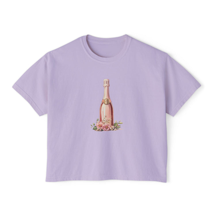 Chic Women's Boxy Tee with Champagne Bottle Design, Casual T-Shirt, Wedding Gift, Brunch Outfit, Floral Tee, Summer Style