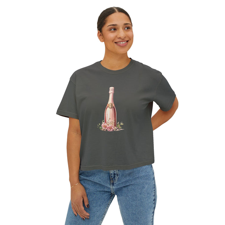 Chic Women's Boxy Tee with Champagne Bottle Design, Casual T-Shirt, Wedding Gift, Brunch Outfit, Floral Tee, Summer Style