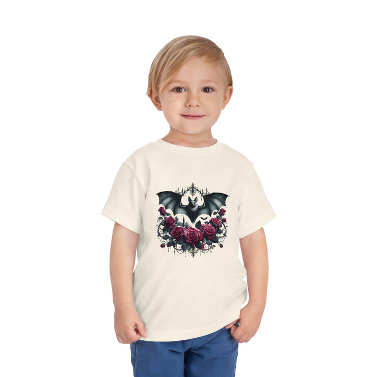 Toddler Halloween Bat Tee, Cute Toddler T-Shirt, Kids Halloween Apparel, Spooky Party Outfit, Bat and Roses Design