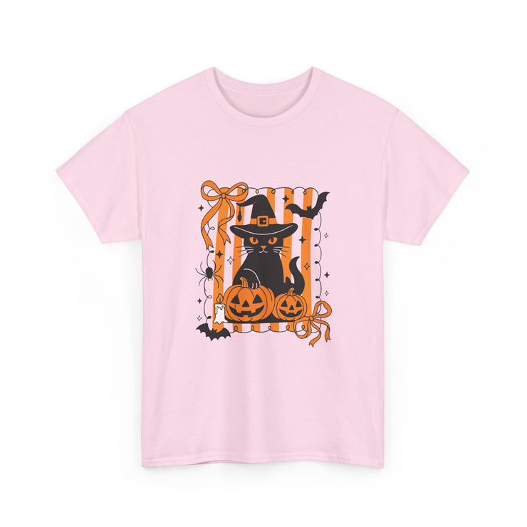 Halloween Cat Tee, Unisex Heavy Cotton Tee, Spooky Season Shirt, Fall Festivity Apparel, Pumpkin Lover Gift