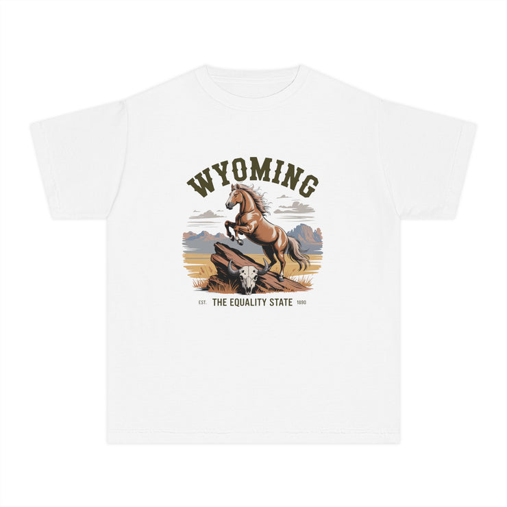 Wyoming Horse Youth Tee, Casual T-Shirt, Kids Graphic Tee, USA States Design, Horse Lover Gift, State Pride Apparel