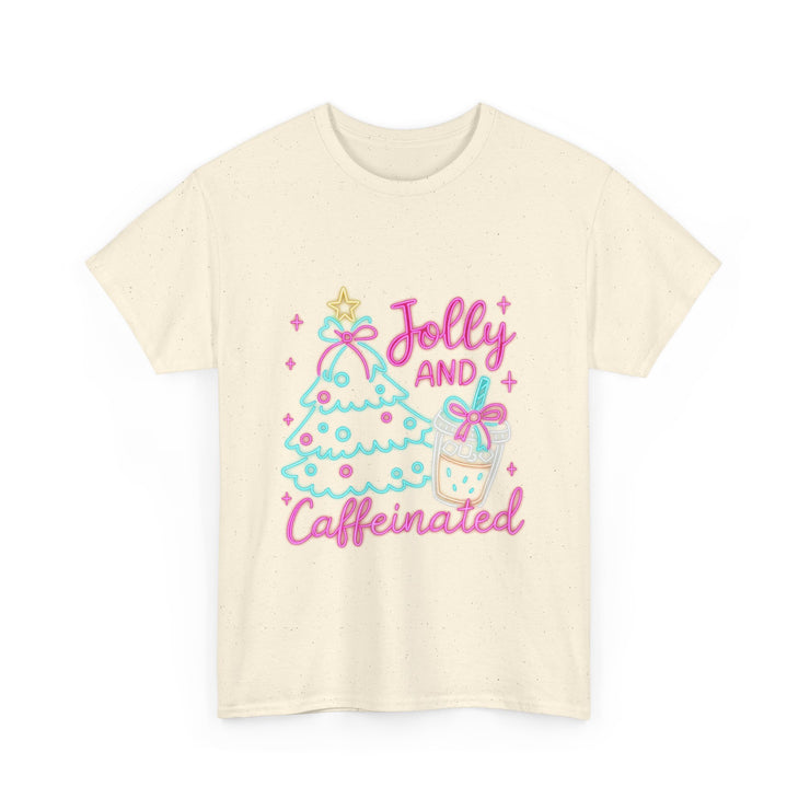 Jolly and Caffeinated Tee, Fun Holiday T-Shirt, Christmas Shirt, Unique Gift, Comfortable Cotton Tee, Festive Apparel