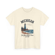 Michigan Lighthouse Unisex Heavy Cotton Tee, Great Lakes State Shirt, Gift for Travelers, Summer Casual Wear, Lakeshore Tee, USA States Design