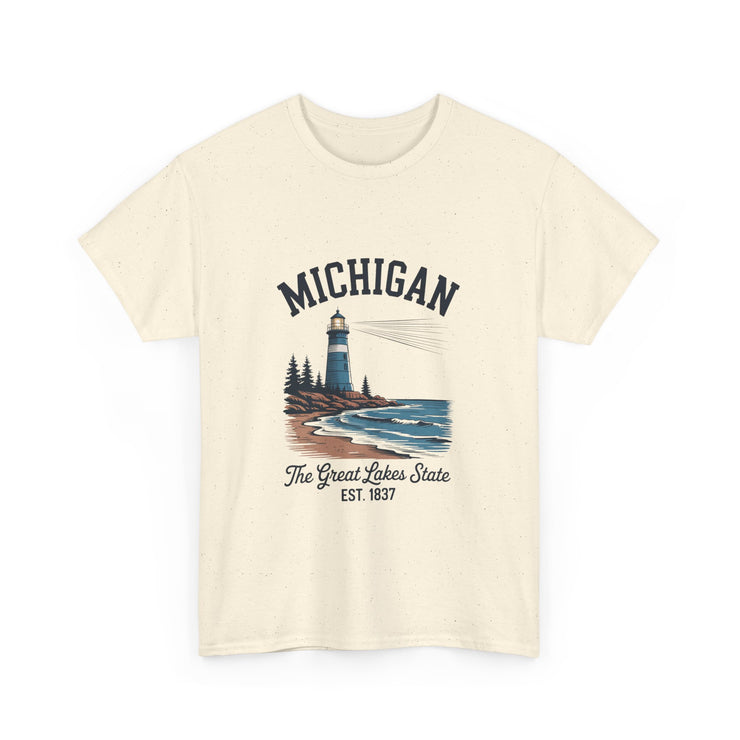 Michigan Lighthouse Unisex Heavy Cotton Tee, Great Lakes State Shirt, Gift for Travelers, Summer Casual Wear, Lakeshore Tee, USA States Design