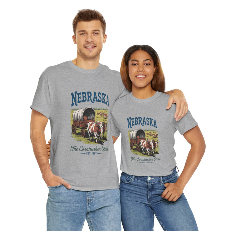 Nebraska Heritage Unisex Heavy Cotton Tee, Vintage State Shirt, Nebraska Flag Apparel, Midwest Pride T-Shirt, Cowpoke Style Tee, USA States Design