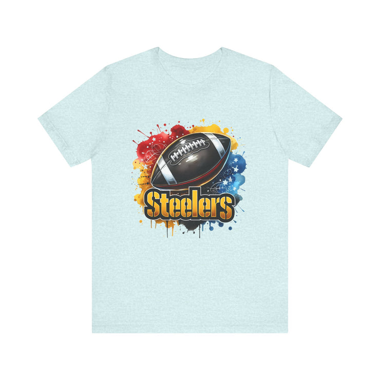 Steelers Football Splash Tee | Unisex Short Sleeve Shirt for Game Day, Sports Fan, Gift for Him, Tailgate Party, Sports Design