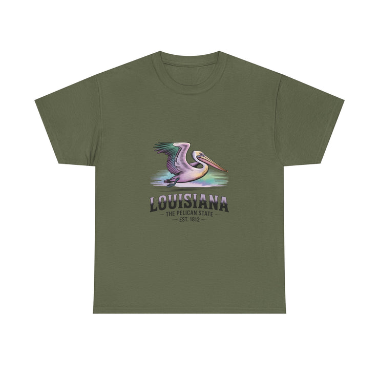 Louisiana Pelican Unisex Heavy Cotton Tee, Coastal Vibes Shirt, Gift for Louisiana Lovers, Casual Wear, Beach Trip T-Shirt, USA States Design