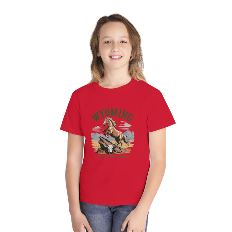 Wyoming Horse Youth Tee, Casual T-Shirt, Kids Graphic Tee, USA States Design, Horse Lover Gift, State Pride Apparel
