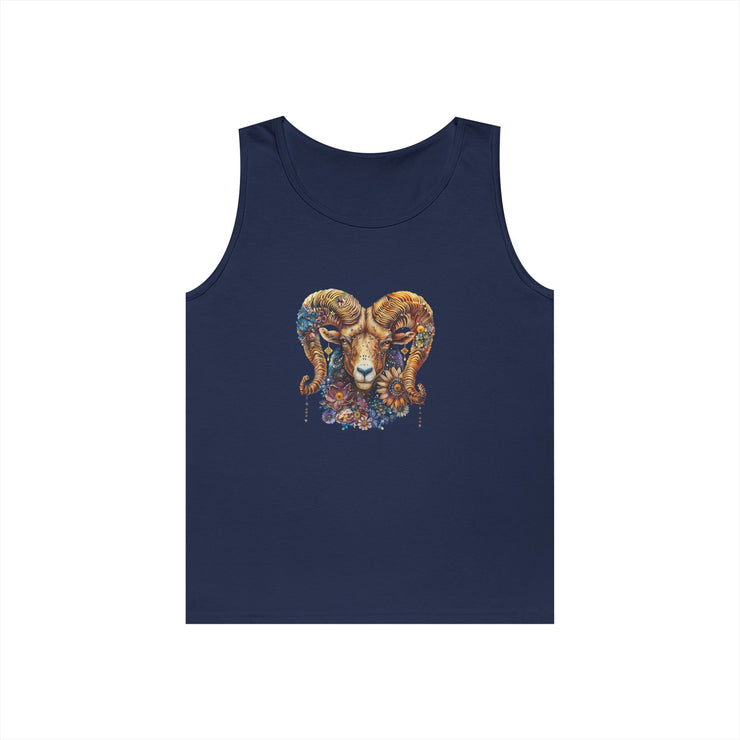 Bohemian Floral Ram Tank Top - Unisex Cotton Singlet, Artistic Apparel, Summer Wear, Festival Fashion, Nature Lover Gift
