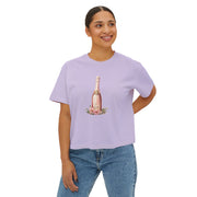 Chic Women's Boxy Tee with Champagne Bottle Design, Casual T-Shirt, Wedding Gift, Brunch Outfit, Floral Tee, Summer Style