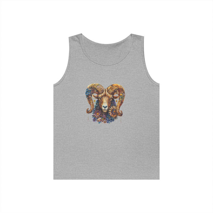 Bohemian Floral Ram Tank Top - Unisex Cotton Singlet, Artistic Apparel, Summer Wear, Festival Fashion, Nature Lover Gift