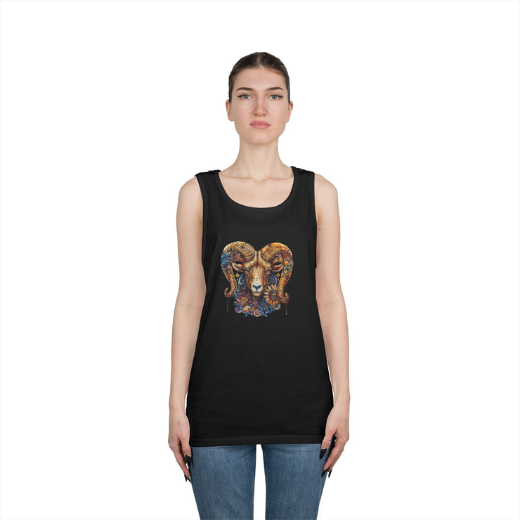 Bohemian Floral Ram Tank Top - Unisex Cotton Singlet, Artistic Apparel, Summer Wear, Festival Fashion, Nature Lover Gift