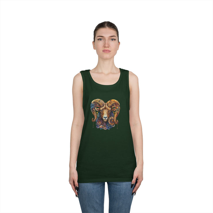 Bohemian Floral Ram Tank Top - Unisex Cotton Singlet, Artistic Apparel, Summer Wear, Festival Fashion, Nature Lover Gift