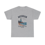 Michigan Lighthouse Unisex Heavy Cotton Tee, Great Lakes State Shirt, Gift for Travelers, Summer Casual Wear, Lakeshore Tee, USA States Design