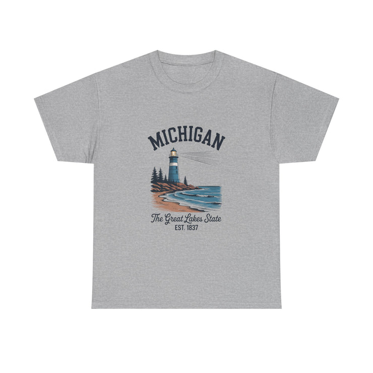 Michigan Lighthouse Unisex Heavy Cotton Tee, Great Lakes State Shirt, Gift for Travelers, Summer Casual Wear, Lakeshore Tee, USA States Design