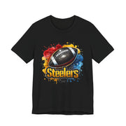 Steelers Football Splash Tee | Unisex Short Sleeve Shirt for Game Day, Sports Fan, Gift for Him, Tailgate Party, Sports Design