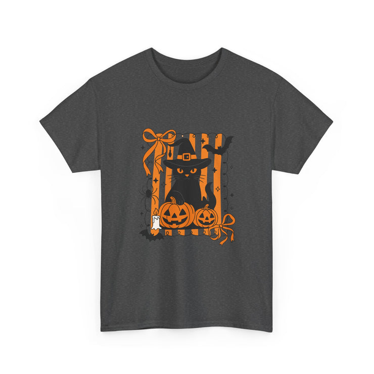 Halloween Cat Tee, Unisex Heavy Cotton Tee, Spooky Season Shirt, Fall Festivity Apparel, Pumpkin Lover Gift