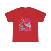 Jolly and Caffeinated Tee, Fun Holiday T-Shirt, Christmas Shirt, Unique Gift, Comfortable Cotton Tee, Festive Apparel