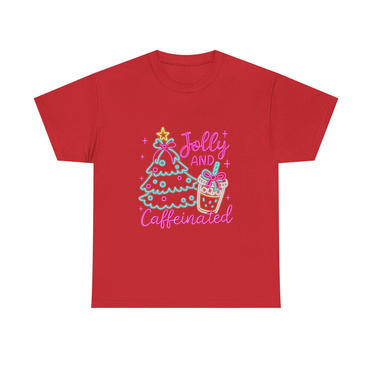 Jolly and Caffeinated Tee, Fun Holiday T-Shirt, Christmas Shirt, Unique Gift, Comfortable Cotton Tee, Festive Apparel