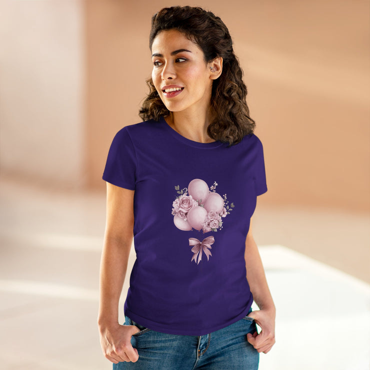 Women's Floral Balloon Tee, Cute Graphic Tee, Birthday Gift, Casual Cotton Shirt, Everyday Wear, Floral Design