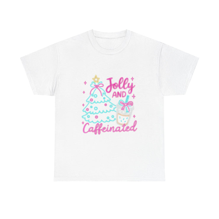 Jolly and Caffeinated Tee, Fun Holiday T-Shirt, Christmas Shirt, Unique Gift, Comfortable Cotton Tee, Festive Apparel