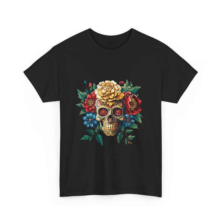 Floral Skull Tee - Unisex Heavy Cotton | Boho Style Shirt, Festival Wear, Gothic Aesthetic, Unique Gift, Casual Everyday Top