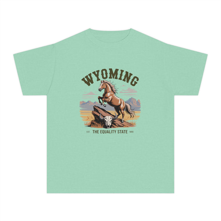 Wyoming Horse Youth Tee, Casual T-Shirt, Kids Graphic Tee, USA States Design, Horse Lover Gift, State Pride Apparel