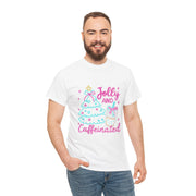 Jolly and Caffeinated Tee, Fun Holiday T-Shirt, Christmas Shirt, Unique Gift, Comfortable Cotton Tee, Festive Apparel