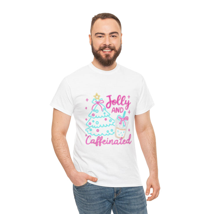 Jolly and Caffeinated Tee, Fun Holiday T-Shirt, Christmas Shirt, Unique Gift, Comfortable Cotton Tee, Festive Apparel