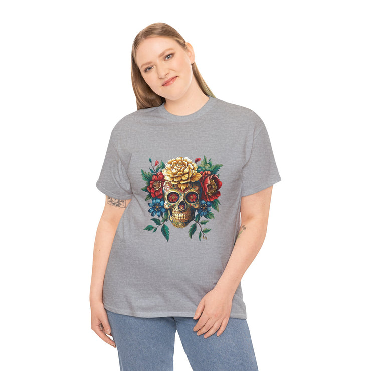 Floral Skull Tee - Unisex Heavy Cotton | Boho Style Shirt, Festival Wear, Gothic Aesthetic, Unique Gift, Casual Everyday Top