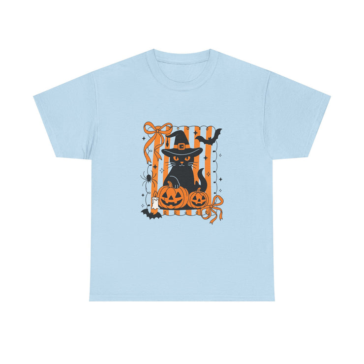 Halloween Cat Tee, Unisex Heavy Cotton Tee, Spooky Season Shirt, Fall Festivity Apparel, Pumpkin Lover Gift