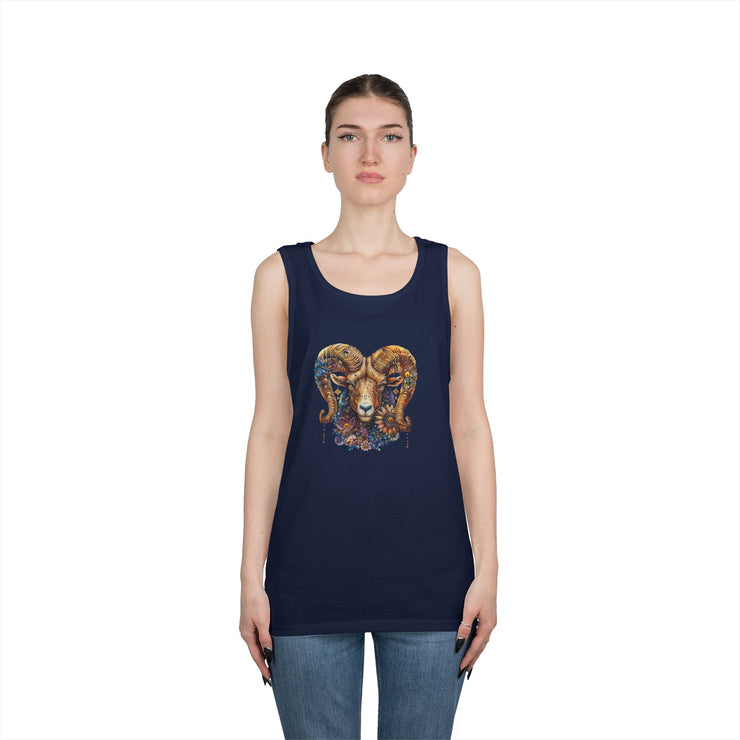 Bohemian Floral Ram Tank Top - Unisex Cotton Singlet, Artistic Apparel, Summer Wear, Festival Fashion, Nature Lover Gift
