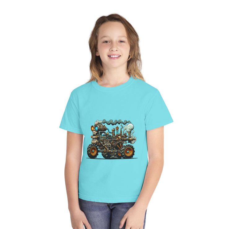 Youth Tee, Cool Graphic Shirt for Kids, Steam Engine Design, Perfect for Birthdays, Playtime, Fun Unique Gift