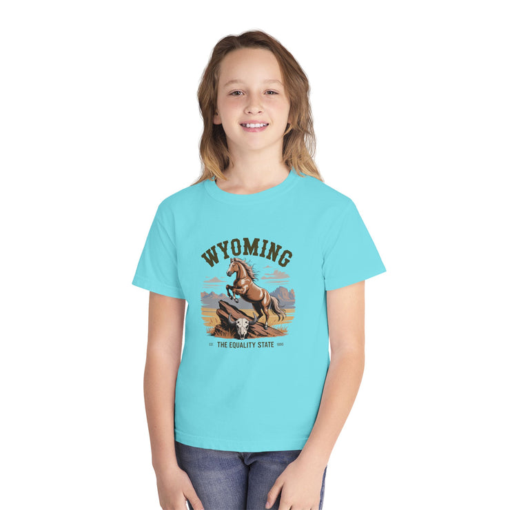 Wyoming Horse Youth Tee, Casual T-Shirt, Kids Graphic Tee, USA States Design, Horse Lover Gift, State Pride Apparel
