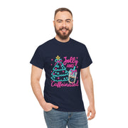 Jolly and Caffeinated Tee, Fun Holiday T-Shirt, Christmas Shirt, Unique Gift, Comfortable Cotton Tee, Festive Apparel